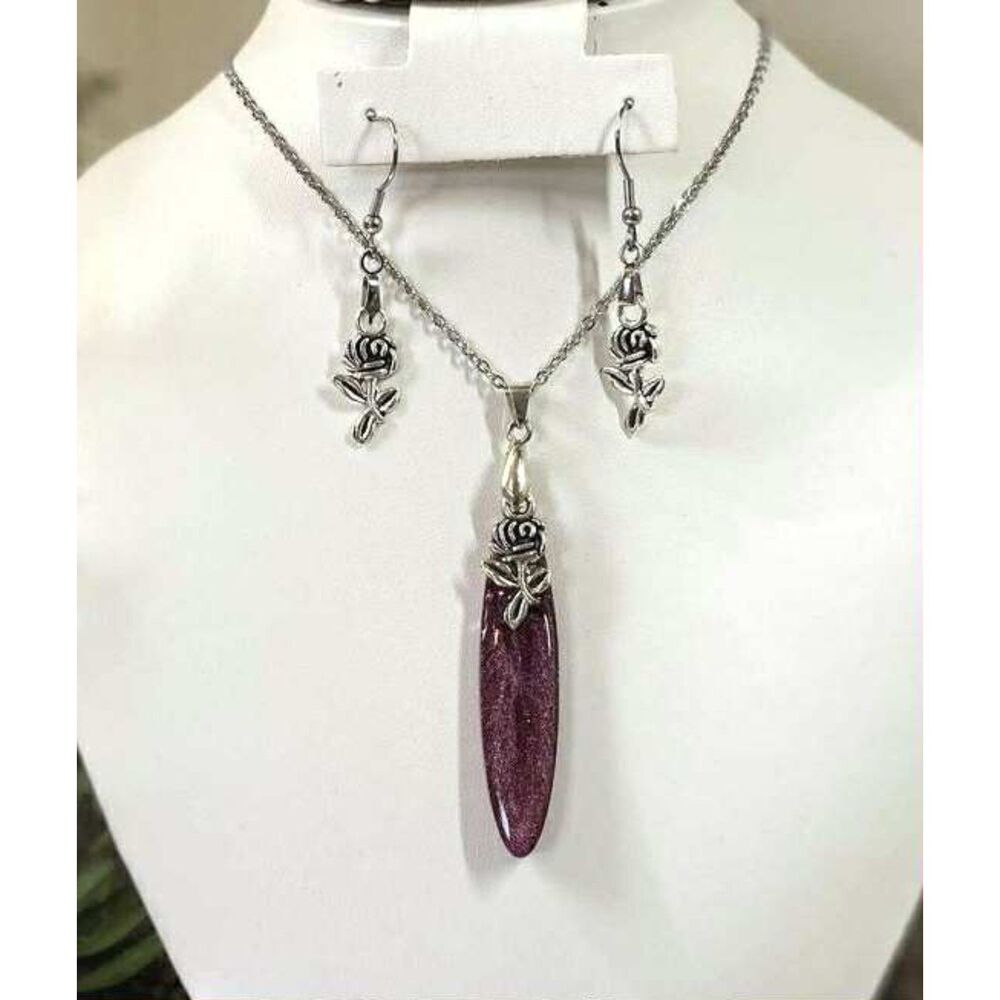 Handmade Resin Plum Purple With Rose Detail Pendant & Earrings Set